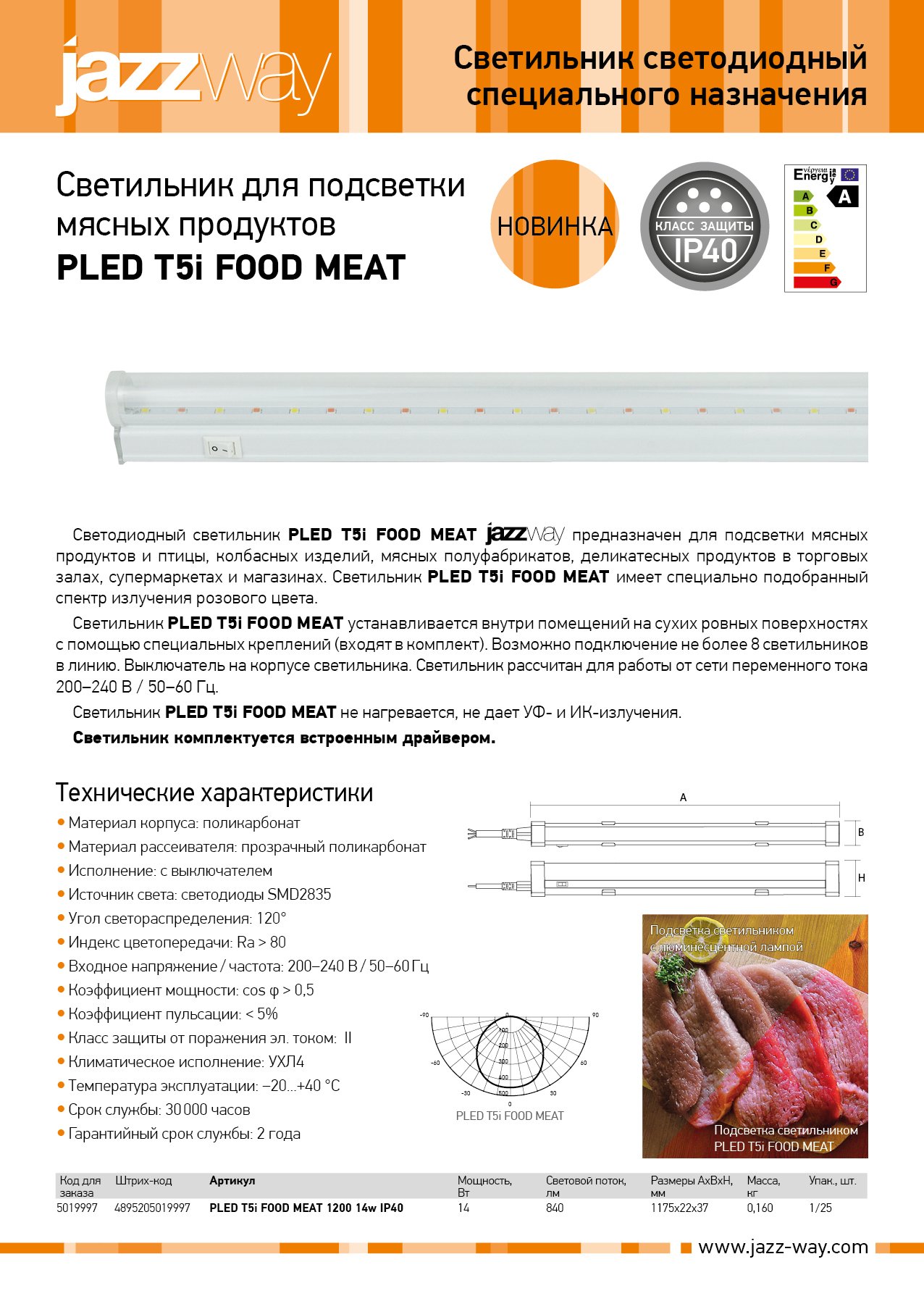 Светильник для подсветки мясных продуктов PLED T5i FOOD MEAT