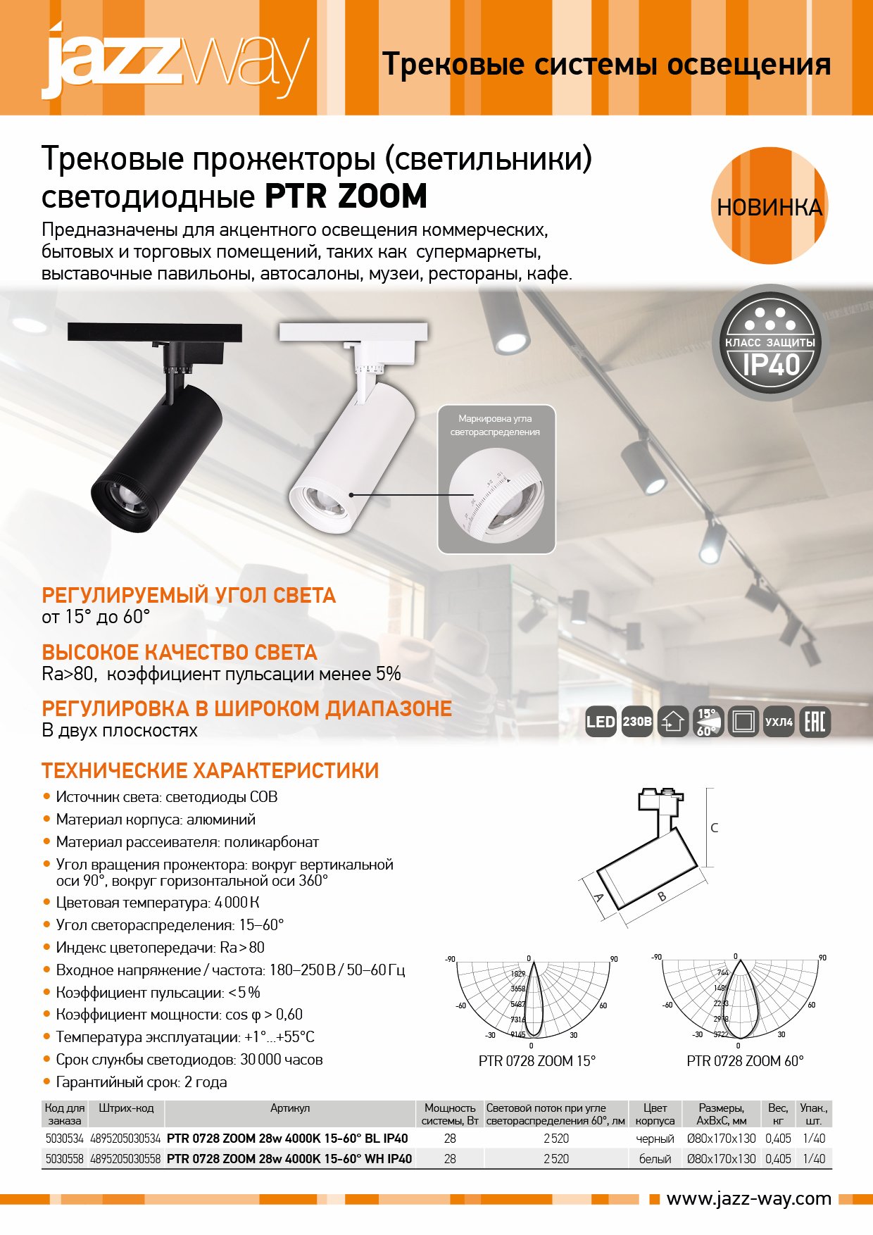 Трековые прожекторы (светильники) светодиодные PTR ZOOM