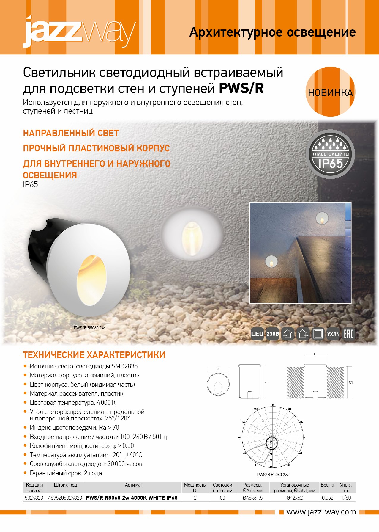 Светильник светодиодный встраиваемый для подсветки стен и ступеней PWS/R